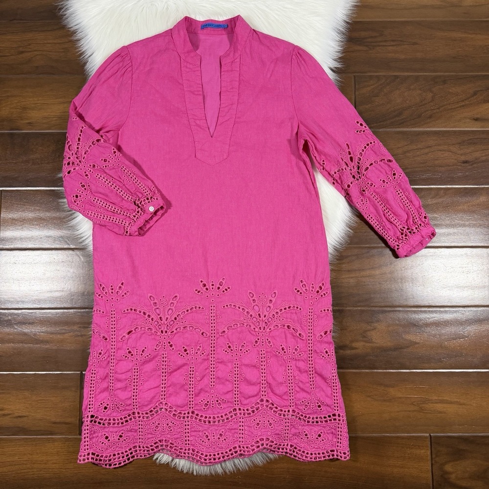 J. Mclaughlin Women's Size XS Pink 3/4 Sleeve Linen Blend Newbury Eyelet Dress